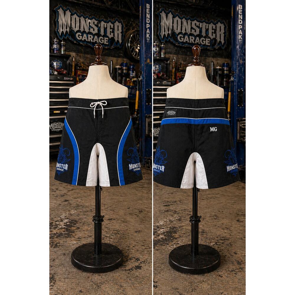 Monster Garage Board Shorts Mens 34 Black Blue Embroidered Y2K